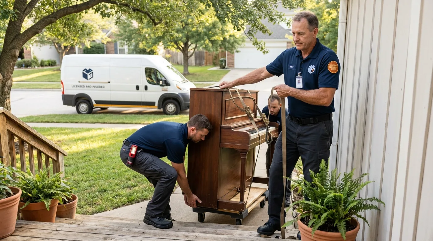 Licensed piano movers securing grand piano in Centre Hall, PA