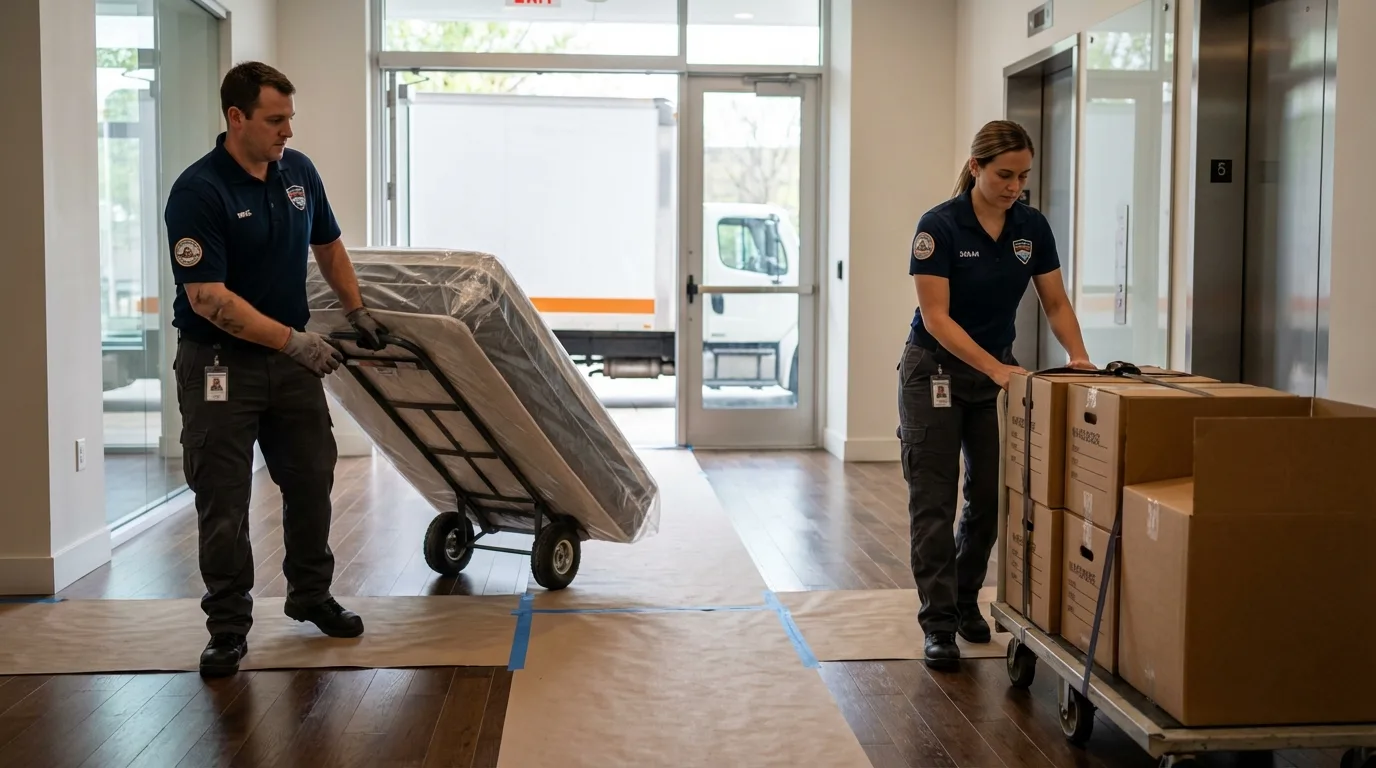 Professional apartment movers loading elevator in Centre Hall, PA