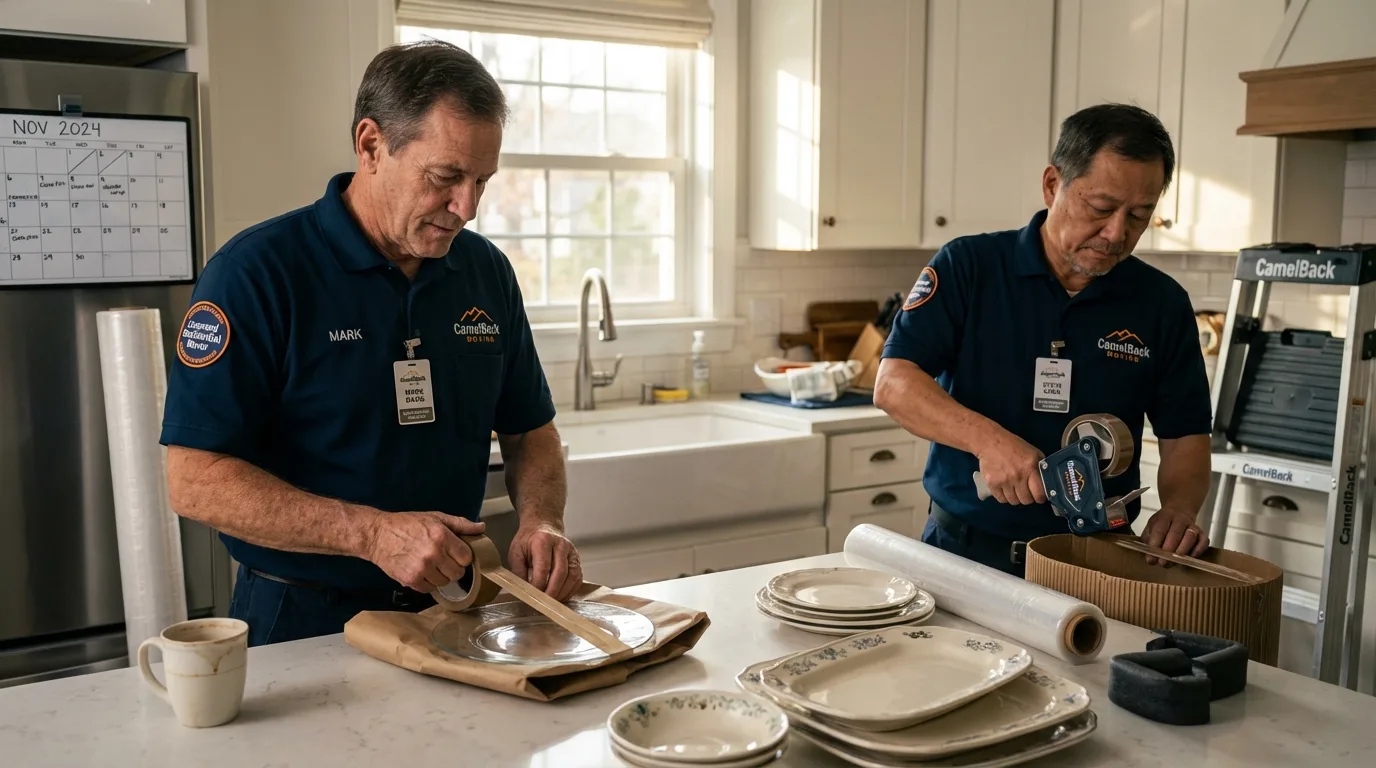 Professional crew packing kitchen dishware in Centre Hall, PA